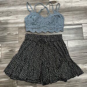 Set Floral Ruffle Hem Mini Skirt With Bralette Top